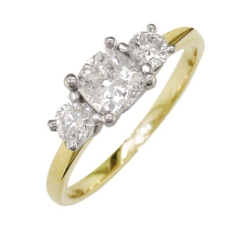 18ct yellow gold and platinum 3 stone diamond ring. Centre cushion shaped diamond 0.33ct with 1.08ct round brilliant diamond set either side.