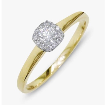 18ct yellow gold cushion shaped diamond ring. Centre round diamond 0.15ct, 12 outer diamonds total weight 0.07ct.