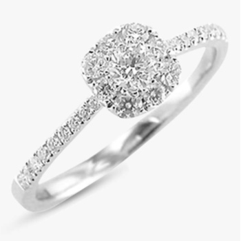 18ct white gold cushion shaped diamond cluster ring. Total diamond weight 0.45ct.
