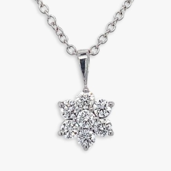 18ct white gold diamond flower shaped cluster pendant and chain. total diamond weight 0.39ct. 