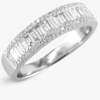 18ct white gold diamond baguette cut half eternity ring. 0.59ct of baguette cut diamonds ang 0.16ct of round cut stones. Total diamond weigh 0.75ct.