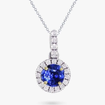 18ct white gold sapphire and diamond cluster pendant and chain.