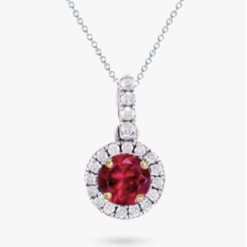 18ct white gold ruby and diamond cluster pendant and chain.