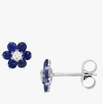 18ct white gold sapphire 0.60ct and diamond 0.08ct flower shaped stud earrings.
