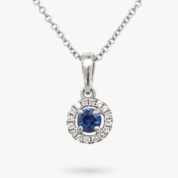 18ct white gold sapphire 0.13ct and diamond 0.05ct cluster pendant and chain.