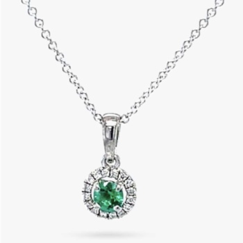 18ct white gold emerald 0.12ct and diamond 0.05ct cluster pendant and chain.