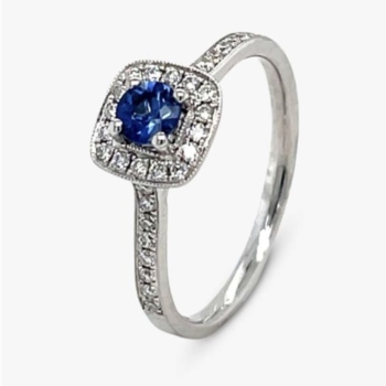 18ct white gold sapphire 2.22ct and diamond 0.22 cushion shaped cluster ring.