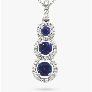18ct white gold sapphire and diamond triple cluster pendant and chain.