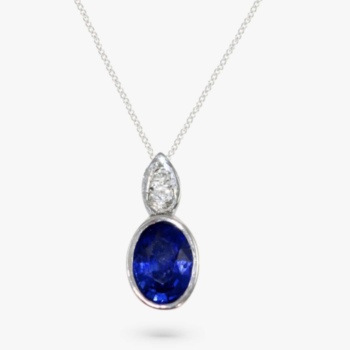 18ct white gold sapphire 0.57ct and diamond 0.03ct pendant and chain.