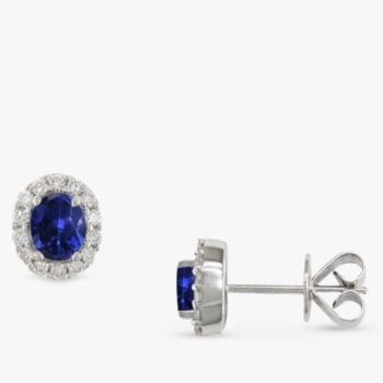 18ct white gold sapphire 0.87ct and diamond 0.26ct oval cluster stud earrings.