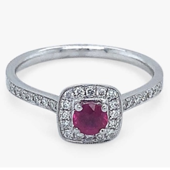 18ct white gold ruby 0.34ct and diamond 0.22ct cushion shaped ring.