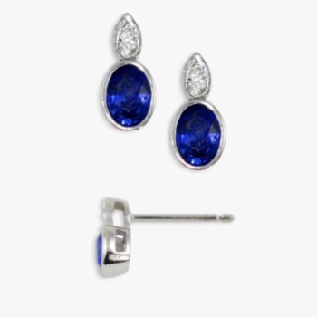 18ct white gold sapphire 0.96ct and diamond 0.05ct pear shaped stud earrings.