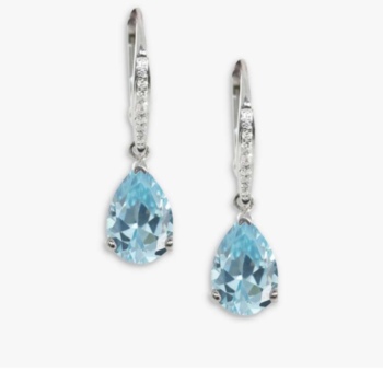 18ct white gold pear shaped aquamarine and diamond drop earrings.