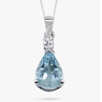 9ct white gold pear shaped aquamarine and diamond pendant and chain.