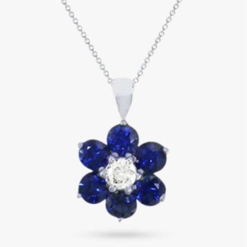 18ct white gold sapphire and diamond flower shaped cluster pendant and chain.