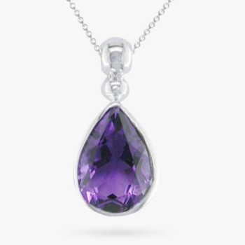 9ct white gold amethyst teardrop shaped pendant and chain.
