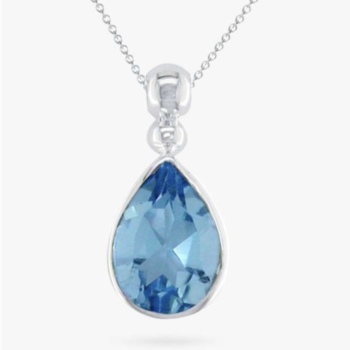 9ct white gold blue topaz teardrop shaped pendant and chain.