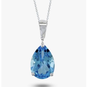 9ct white gold blue topaz pear shaped pendant and chain.
