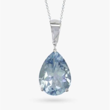 9ct white gold aquamarine pear shaped pendant and chain.