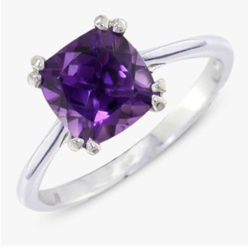 9ct white gold cushion shaped amethyst ring.