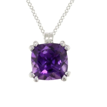 9ct white gold cushion shaped amethyst pendant and chain.
