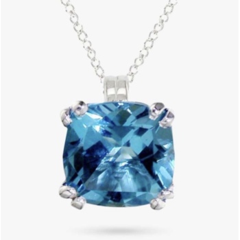 9ct white gold cushion shaped blue topaz pendant and chain.
