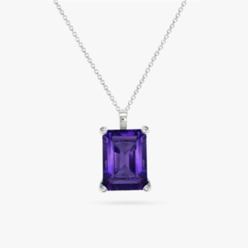9ct white gold baguette cut amethyst pendant and chain.