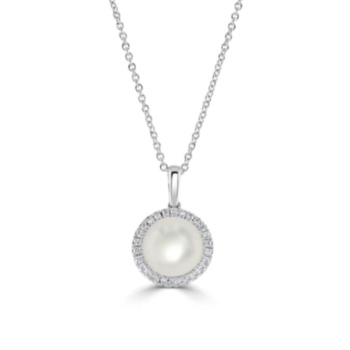 18ct white gold pearl and diamond circular cluster pendant and chain