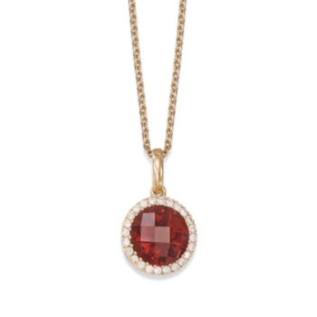 18ct yellow and rose gold circular cut garnet and diamond cluster pendant and chain
