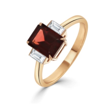 18ct yellow and rose gold emerald cut garnet and baguette cut diamond ring