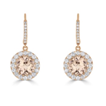 18ct rose gold circular cut morganite and diamond cluster drop earrings