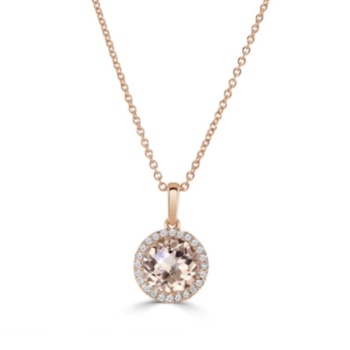 18ct rose gold circular cut morganite and diamond cluster pendant and chain