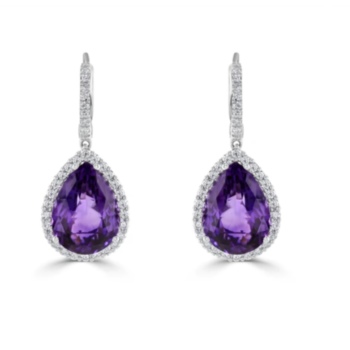 18ct white gold pear shaped amethyst and diamond cluster drop earrings