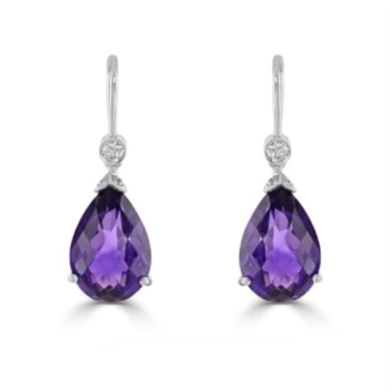 18ct white gold pear shaped amethyst and diamond drop earrings