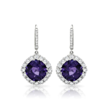 18ct white gold circular cut amethyst and diamond cluster drop earrings