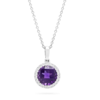 18ct white gold circular cut amethyst and diamond cluster pendant and chain