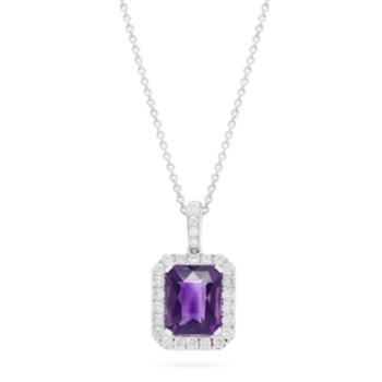 18ct white gold emerald cut amethyst and diamond cluster pendant and chain