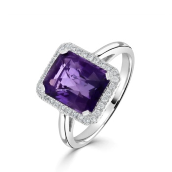 18ct white gold emerald cut amethyst and diamond cluster ring