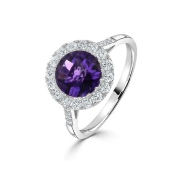 18ct white gold circular cut amethyst and diamond cluster ring