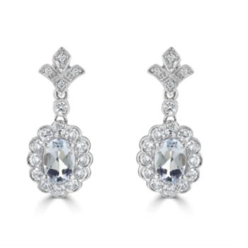 18ct white gold oval aquamarine and diamond ornate cluster drop earrings