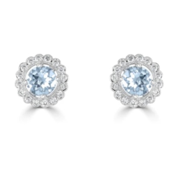 18ct white gold circular cut aquamarine and diamond cluster stud earrings