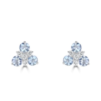 18ct white gold 3 stone aquamarine and diamond stud earrings