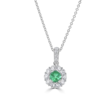 18ct white gold circular emerald and diamond cluster pendant and chain