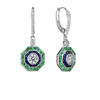 18ct hexagonal shaped emerald, sapphire and diamond cluster drop earrings