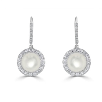18ct white gold circular pearl and diamond cluster drop earrings