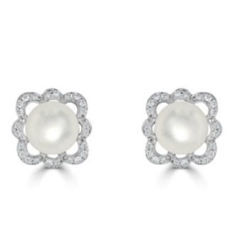 18ct white gold fluted shaped pearl and diamond cluster stud earrings
