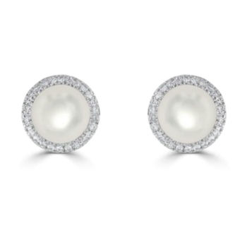 18ct white gold circular shaped pearl and diamond cluster stud earrings