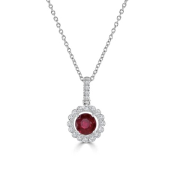 18ct white gold circular ruby and diamond cluster drop pendant and chain