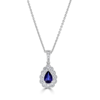 18ct white gold pear shaped sapphire and diamond cluster drop pendant and chain