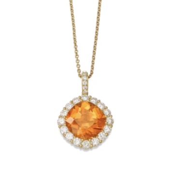 18ct yellow gold cushion shaped Citrine and diamond cluster pendant and chain